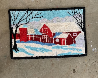 Vintage Red Farmhouse Hooked Rug 23 x 36” Winter Decor