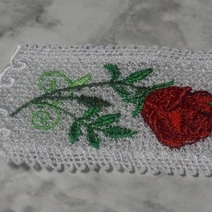Free Standing Lace Rose Bookmark, 25,492 stitches, machine embroidery using top & bobbin thread woven together