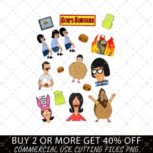 Op de afbeelding: Een set digitale snijbestanden met personages uit de animatieserie Bob's Burgers. De personages zijn Bob Belcher, Linda Belcher, Tina Belcher, Gene Belcher, Louise Belcher, Teddy en Mr. Fischoeder. De bestanden zijn in PNG-formaat en zijn voor commercieel gebruik.