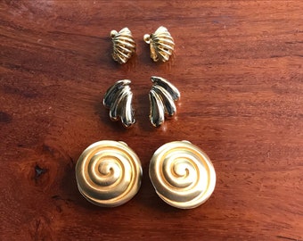 GOLDEN Trio of CLIP On Earrings Vintage Lot of Clip Earrings Gold Toned Metal Circa 1960s to 1980s Great Sizing for MTF