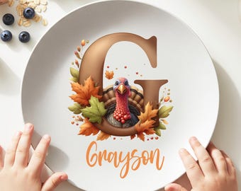 Kid's Thanksgiving Plate, Custom Monogram Plate, Personalized Food Gift, Kids Gift, Fall Gifts, Food Grade Plastic, UNBREAKABLE