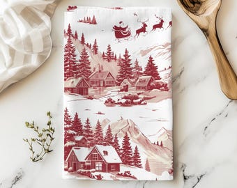 Christmas Tea Towel, Toile Kitchen Towel, Toile Home Decor, Flour Sack Dish Towel, Gift for Her, Christmas Hostess Gift
