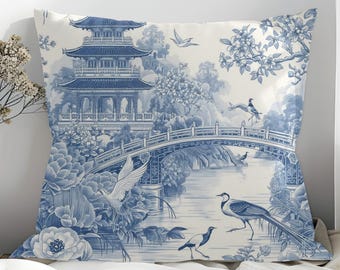 Chinoiserie Blue Pillow COVER, Asian Toile Throw Pillow, Asian Style Home Decor, Spun Polyester, Multiple Sizes
