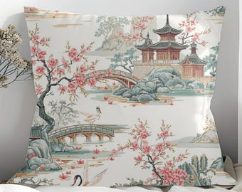 Capa de almofada com estampa asiática Toile, almofada decorativa asiática, detalhe com tema oriental, presente para decoração de casa, fronha quadrada em poliéster fiado.