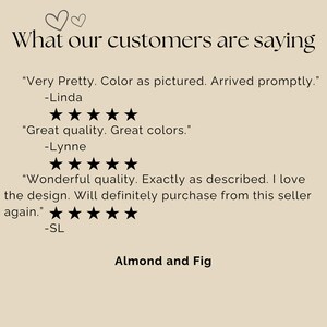 May include: A beige graphic featuring the text What our customers are saying with two small hearts above. It displays three five-star reviews from Linda, Lynne, and SL, followed by the text Almond and Fig at the bottom in a clean black font.
