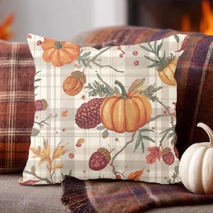 Fall Plaid Pillow COVER, Neutral Throw Pillow, Pumpkin Pillow Covers, Thanksgiving Decor, Fall Woodland Style Gift for her, Fall Gift
