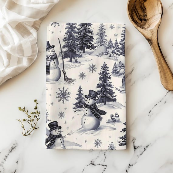 Christmas Tea Towel, Snowman Toile Kitchen Towel, Vintage Style Christmas Towel, Home Decor Gifts, Size 18x30", Polyester or Cotton Twill