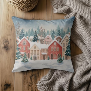 Christmas Throw Pillow COVER, Christmas Village Pillow, Christmas Scene Pillow Cover, Snowy Christmas Decor, Hostess Gift, Gift for Her