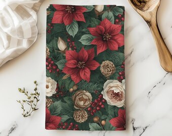 Paño de cocina navideño, paño de cocina con flor de Pascua, paño de cocina con flores festivas, decoración navideña con un toque melancólico, toalla de algodón, regalo para la anfitriona, regalo para ella