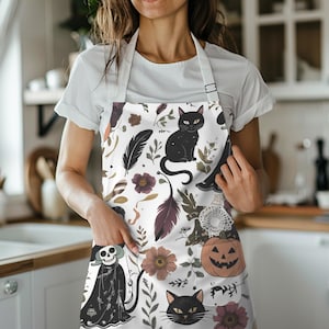Black Cat Halloween Cooking Apron, Boho Apron, Halloween Costume Party, Gardening gift, Cat Lover Gift, Spooky Kitchen Decor, Hostess Gift