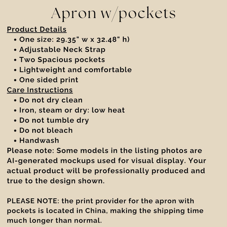 May include: An apron with pockets featuring product details including dimensions of 29.35 inches wide by 32.48 inches high, an adjustable neck strap, two spacious pockets, and a one-sided print. Care instructions include handwashing and low heat ironing.
