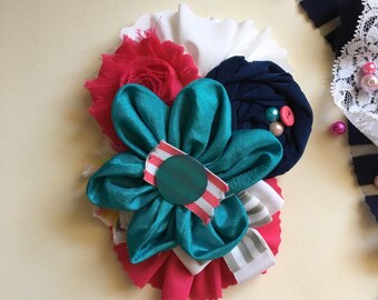 Upcycled Fabric Flower Brooch Pin Accessory Blue, navy blue, white, pink buttons, beads, Ladies brooch READY TO SHIP