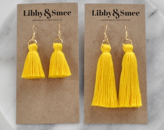 Canary Yellow Tassel Earrings, Bright Yellow Earrings, Mini Tassel Earrings, Boho Earrings, Bohemian Earrings, Long Tassel, Tassle Earrings