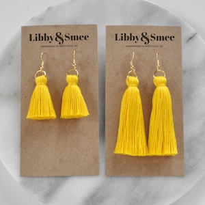 Canary Yellow Tassel Earrings, Bright Yellow Earrings, Mini Tassel Earrings, Boho Earrings, Bohemian Earrings, Long Tassel, Tassle Earrings
