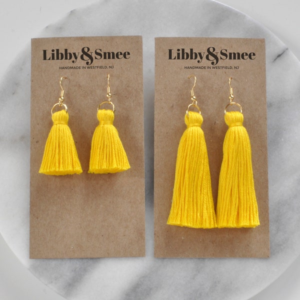 Canary Yellow Tassel Earrings, Bright Yellow Earrings, Mini Tassel Earrings, Boho Earrings, Bohemian Earrings, Long Tassel, Tassle Earrings