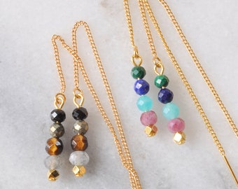 Multi Gemstone Threader Earrings, Gold Threader Earrings, Neutral Gemstone Chain Earrings, Minimalist Earrings, Bright Confetti Threaders