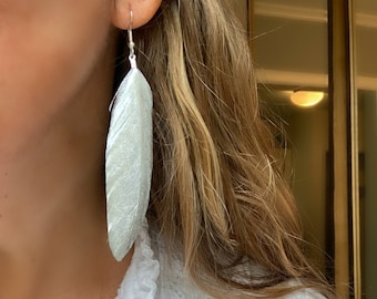 Silver Feather Earrings, Silver Painted Feather Tassel Earrings, Boho Earrings, Bohemian Earrings, Wedding Earrings, Bridal, Duck Feather