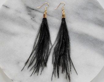 Black Feather Earrings, Black Tassel Earrings, Feather Tassel Earrings, Boho Earrings, Ostrich Feather Earrings, Bohemian Tassle Earrings