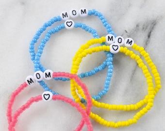 Mom Bracelets, Set of 2 Bracelets, Heart Stretch Bracelet, Friendship Bracelet, Mother's Day Seed Bead Bracelet,  Seed Bead Stretch Bracelet