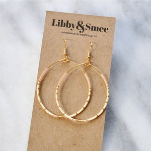 Ivory Beaded Hoop Earrings, Oversized Seed Bead Hoops, Bohemian Earrings, Cream Beaded Hoops, Gold Beaded Earrings, Minimalist Jewelry