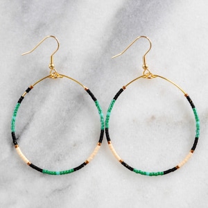 Green Beaded Hoop Earrings, Green Black and White Hoops, Boho Earrings, Gifts For Her,  Beaded Earrings, Seed Bead Earrings, Flora Hoops