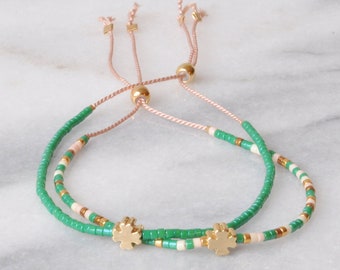 Lucky Clover String Bracelet, St Patrick's Day Beaded Bracelet, Irish, Ireland, Green Shamrock Clover Bracelet, 4 Leaf Clover Bracelet