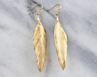 Gold Feather Earrings, Gold Dipped Feather Tassel Earrings, Boho Earrings, Bohemian Earrings, Wedding Earrings, Bridal, Duck Feather