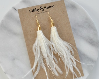 Ivory Feather Earrings, White Feather Earrings, Boho Earrings, Best Gifts For Her, Wedding Earrings, White Tassel, Tassle Earrings, Ostrich