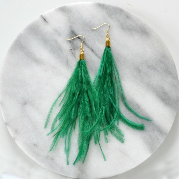 Green Feather Earrings, Emerald Feather Tassel Earrings, Bohemian Earrings, Mardi Gras Earrings, Ostrich Feather Earrings, Boho Earrings