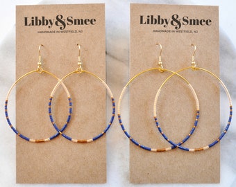 Blue & Green Colored Metal Hoop-Earrings With Bead Accents #LQE4218