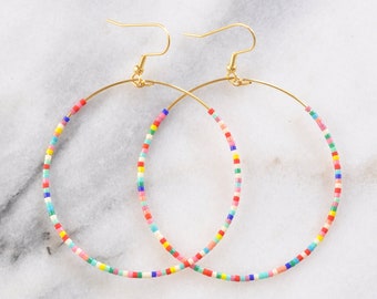 Sprinkles Beaded Hoop Earrings, Multi-colored Seed Bead Bohemian Earrings, Rainbow Beaded Hoops, Beaded Earrings, Confetti Rainbow Earrings