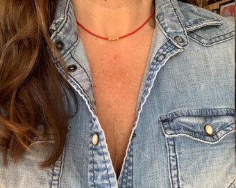 Red Choker Necklace, Gold Bead Choker, Minimalist Choker, Beaded Choker Necklace, Delicate Choker, Gifts for Her, Tiny Beaded Choker, Gift