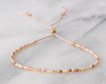 Blush Ivory & Gold String Bracelet, Pale Neutral Seed Beaded Bracelet, Adjustable Cream Peach String Bracelet, Confetti Friendship Bracelet