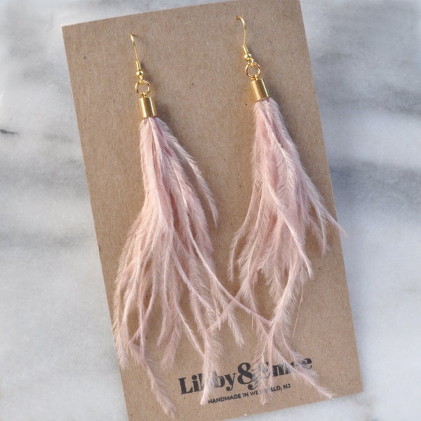 Dusty Pink Feather Earrings, Blush Feather Tassel Earrings, Ostrich Feather Earrings, Boho Earrings, Bohemian Wedding Earrings