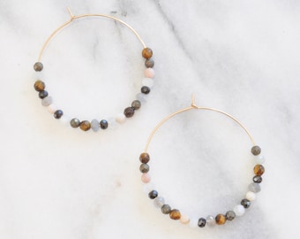 Confetti Mixed Gemstone Hoop Earrings, Neutral Beaded Hoops, Classic Gold Filled Hoop, Pyrite Moonstone Black Spinel Tiger Eye Opal Gemstone