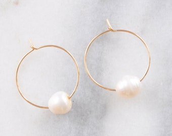 Small Pearl Hoop Earrings, Gold Filled Hoops with Cultured Freshwater Pearls, Gold Filled Pearl Earrings, Bridal Hoops, Pearl Wedding Hoops