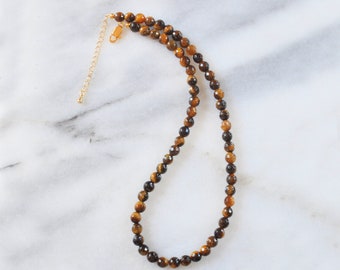 Tiger Eye Gemstone Necklace, Beaded Tiger Eye Necklace, Brown Beaded Necklace, Earthy Neutral Necklace, Healing Tigers Eye Gold Necklace