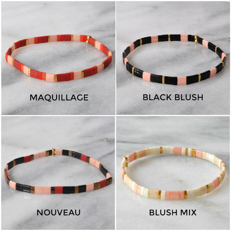 May include: Four different styles of colorful beaded bracelets. The bracelets are made with small, square beads in various colors, including pink, red, black, and white. The bracelets are arranged in a grid pattern, with each bracelet labeled with its name: "Maquillage", "Black Blush", "Nouveau", and "Blush Mix".