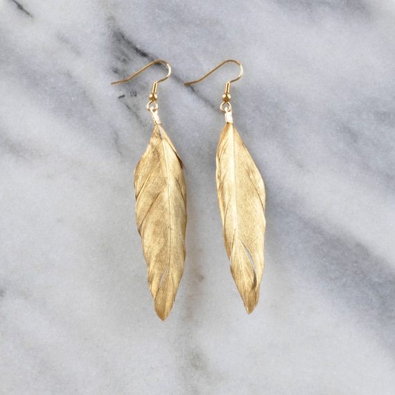 Gold Feather Earrings, Gold Dipped Feather Tassel Earrings, Boho Earrings,  Bohemian Earrings, Wedding Earrings, Bridal, Duck Feather