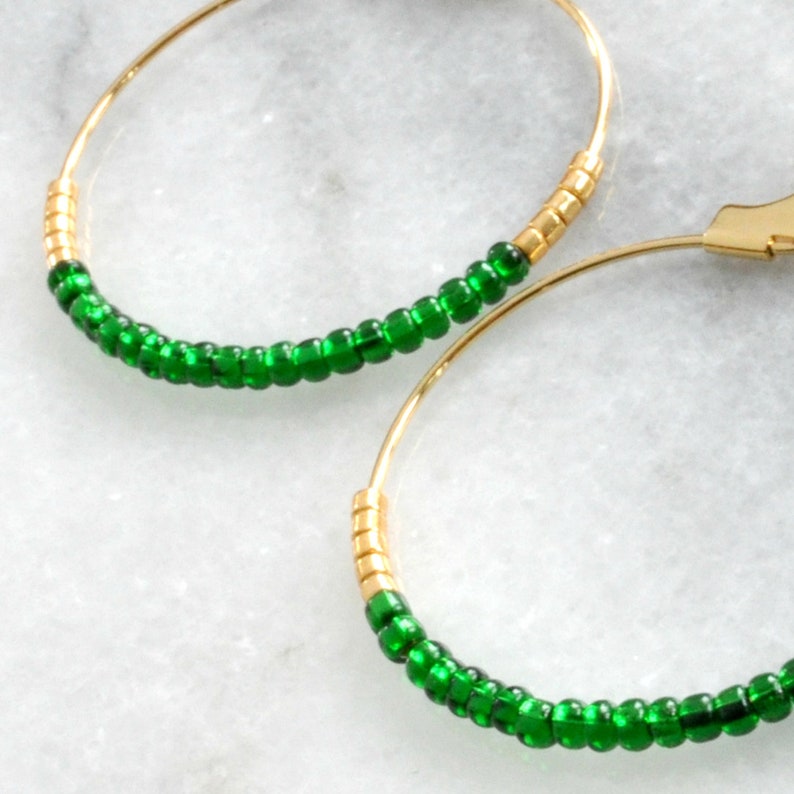 MEDIUM GLASS BEAD HOOP EARRINGS - GREEN main image 0