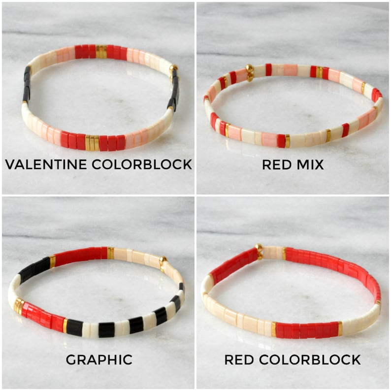 May include: Four different styles of tile bracelets, each with a unique color combination. The bracelets are made with red, white, black, and pink tiles. The bracelets are called "Valentine Colorblock", "Red Mix", "Graphic", and "Red Colorblock".