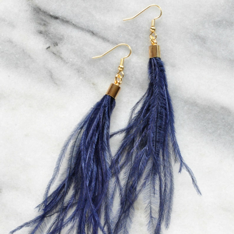 Navy Blue Feather Earrings Navy Tassel Earrings Boho Etsy