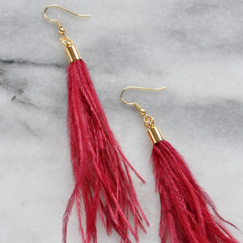 Dark Red Feather Earrings Red Tassel Earrings Bohemian Etsy