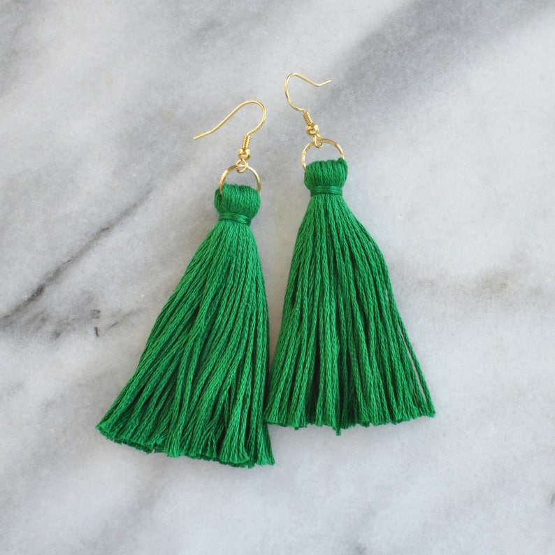 Emerald Green Tassel Earrings, Mini Tassel Earrings, Kelly Green Earrings, Irish St Patricks Day Earrings, Tassle Earrings, Long Tassel LONG