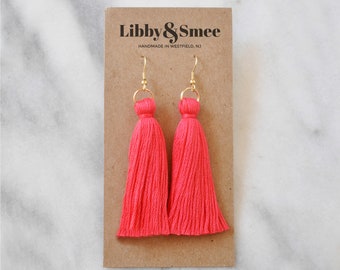 Grenadine Tassel Earrings, Coral Tassel Earrings, Mini Tassel Earrings, Long Tassel Earrings, Boho Earrings, Neon Tassel, Tassle Earrings