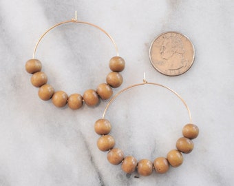 Natural Wood Bead Hoop Earrings, Tan Wood Bead Earrings, Gold Filled Hoops, Sterling Silver Hoops, Brown Wooden Beaded Hoops, Minimalist