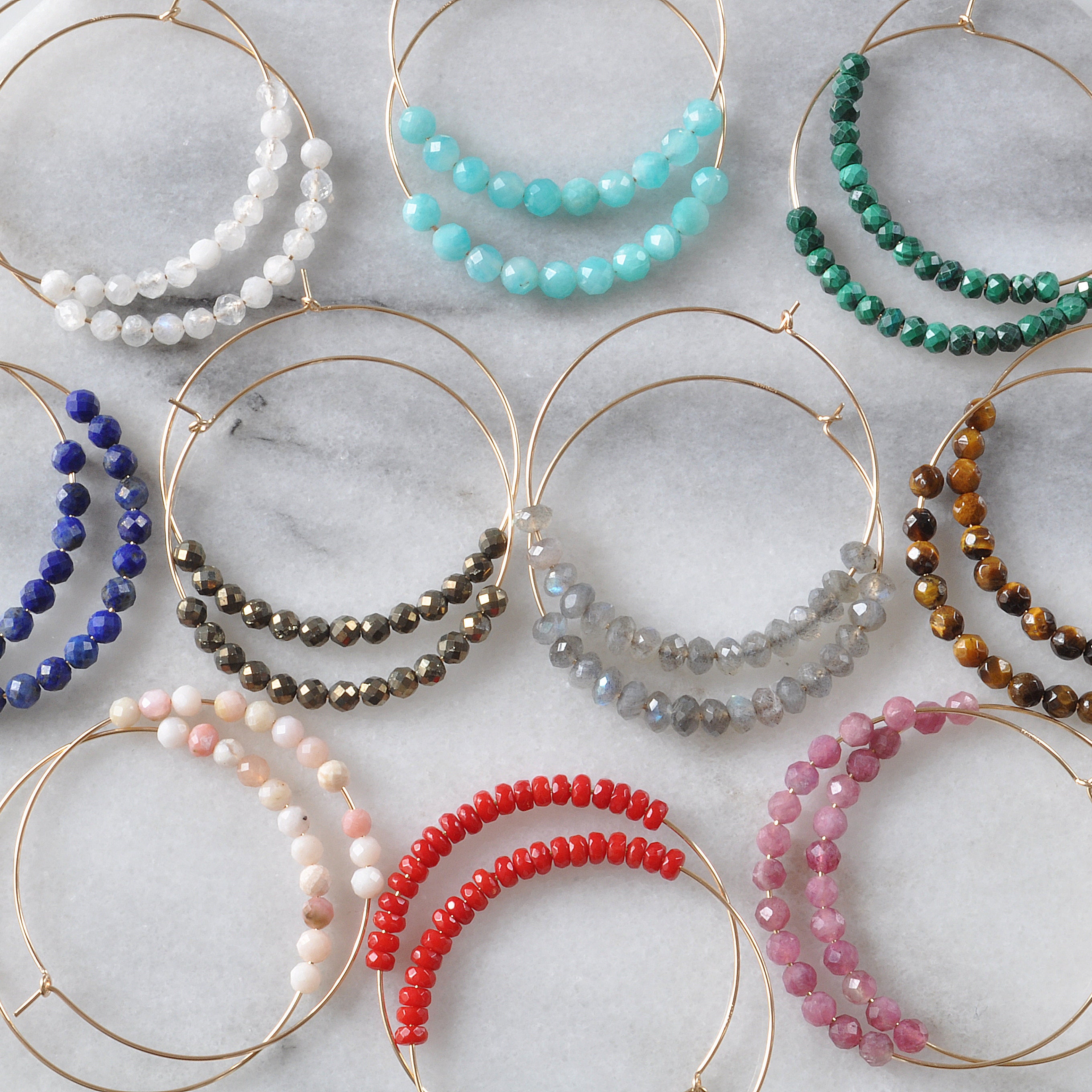 Gemstone Beaded Hoop Earrings Gold 