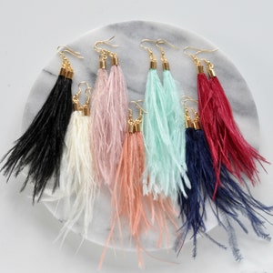 May include: A set of six pairs of feather earrings in various colors, including black, white, pink, peach, mint green, and navy blue. Each earring features a long, flowing feather tassel.