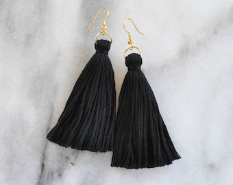 Pendientes de borlas negras, pendientes de borlas largas, pendientes bohemios, regalos para ella, pendientes de borlas pequeñas, pendientes bohemios, pendientes de borlas negras