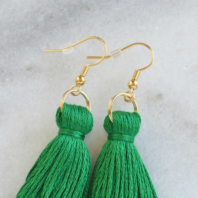 Emerald Green Tassel Earrings, Mini Tassel Earrings, Kelly Green Earrings, Irish St Patricks Day Earrings, Tassle Earrings, Long Tassel image 4